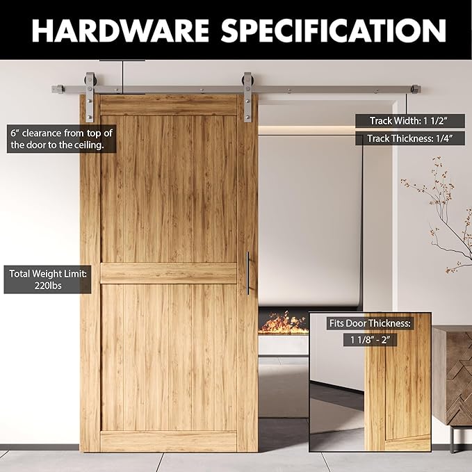 Homacer Brushed Nickel Non-Bypass Sliding Barn Door Hardware Kit, for One/Single Door, 20ft Long Flat Track, Classic Design Roller, Heavy Duty, for Interior Use Only（Doors Not Included）