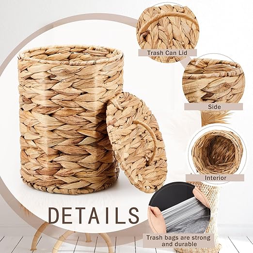 Ctosree 1.3 Gallons Small Trash Can with Lid Handle Boho Woven Braided Bathroom Waste Basket Trash Can with 100 Garbage Bags for Bedroom Office Laundry (Natural,Braided Wicker,Round)