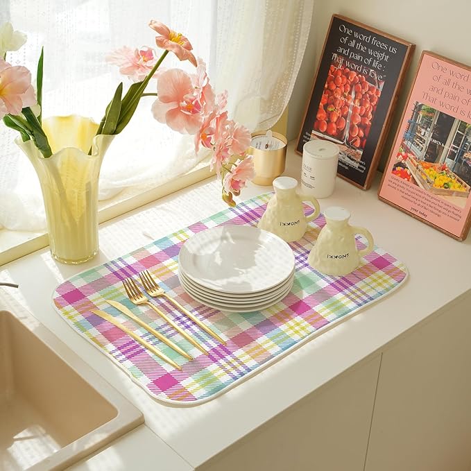 Easter Checkered Dish Drying Mats 18x24 Inch Colorful Buffalo Plaid Drying Mats Gingham Spring Holiday Seasonal Dish Drying Pad Dish Rack Drainer Mats for Kitchen Dining Room Counter Decor