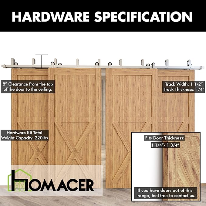 Homacer Brushed Nickel Double Track U-Shape Bypass Sliding Barn Door Hardware Kit, for Four Doors, 6ft Long Flat Track, T-Shape Design Roller
