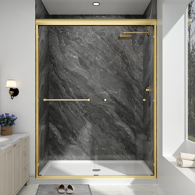 Double Sliding Shower Door, 49"-54" W x 70" H Semi-Frameless Glass Shower Door, 1/4'' (6mm) Clear SGCC Tempered Glass with Explosion-Proof Film and Nano Coating, Brushed Gold
