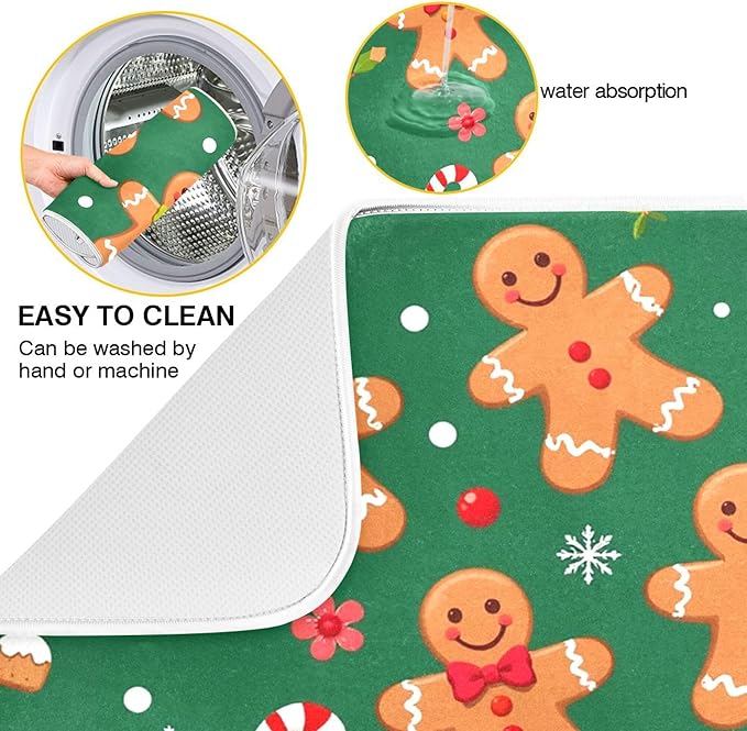 Christmas Gingerbread Man Dish Drying Mat for Kitchen Countertop 16x18 Winter Snowflake Candy Cane Green Small Drying Mat Reusable Quick Dry Dish Sink Mats Easy Clean Decorative Essentials