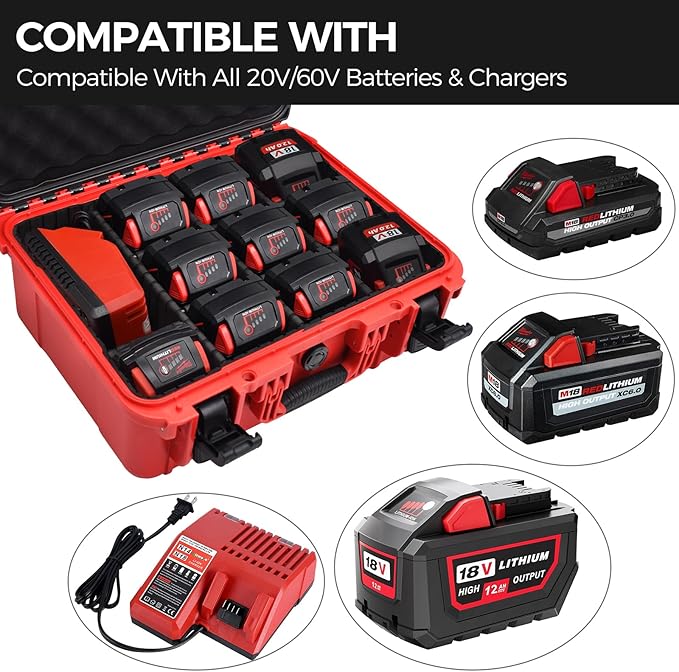 Case for Milwaukee Battery - Extra Large Hard Storage Box with Adjustable Dividers for Milwaukee M18 M12 Battery & Charger, Durable ProtectiveTool Battery Organizer (CASE ONLY)