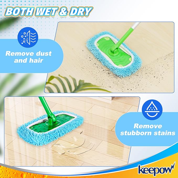 KEEPOW Reusable Dry Sweeping Cloths Microfiber Wet Pads Compatible with Swiffer Sweeper Mop and Sweep & Mop Deluxe, Replacement Mopping Pad Refills for Hardwood Floor Cleaning (2 Pack)
