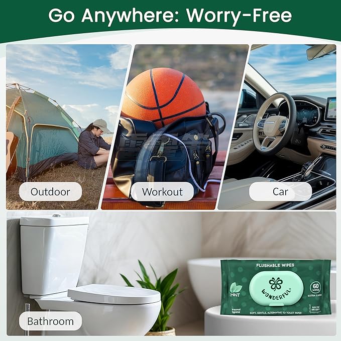 WONDERFUL Flushable Wipes, Mint 100% Plant-Based Wet Butt Wipe for Adults & Kids, Sewer Septic Safe, Gentle for Sensitive Skin, Wipes Flushable Pack for Bathroom & Travel, 6-Pack (360 Counts)