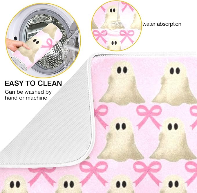 Halloween Ghost Bow Dish Drying Mat for Kitchen Countertop 16x18 Pink Bowknot Spooky Small Drying Mat Reusable Quick Dry Dish Sink Mats Easy Clean Decorative Essentials