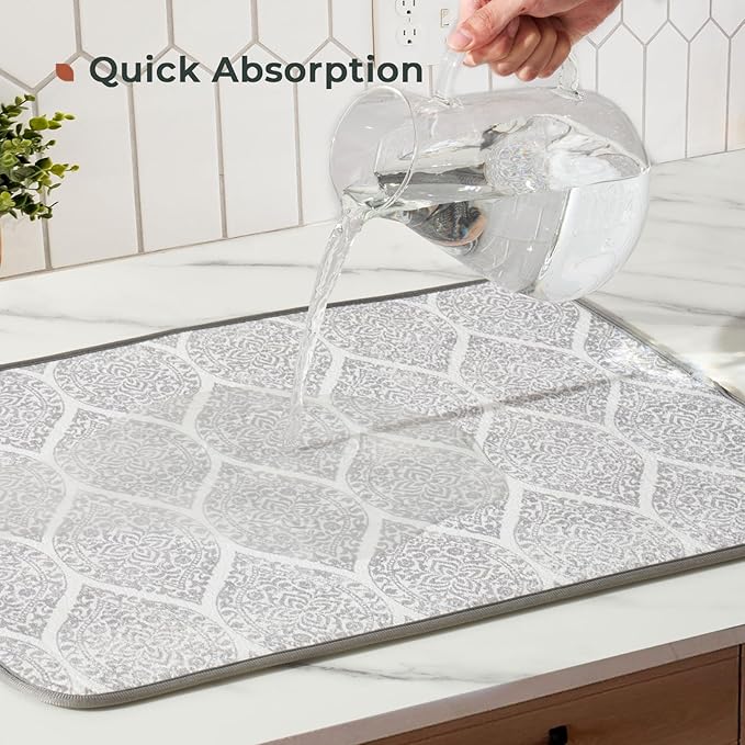 FRESHMINT Printed Dish Drying Mats for Kitchen Counter 2 Pack Absorbent Reversible Drying Mats Microfiber Kitchen Countertop Protector Dishes Drying Pad Extra Large 18"x24" Dish Mat