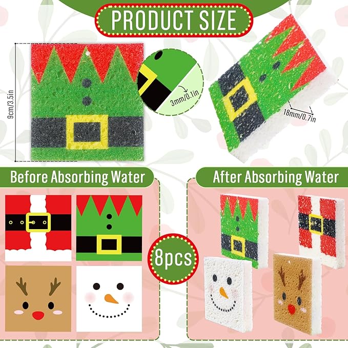 Whaline 8Pcs Christmas Character Kitchen Sponges Santa Reindeer Snowman Elf Water Absorbing Dish Washing Sponge Non Scratch Cleaning Scrub Sponges for Holiday Home Kitchen Bathroom