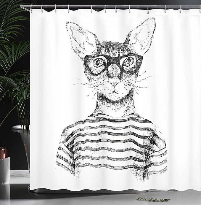 Ambesonne Cat Shower Curtain, Hand Drawn Dressed up Hipster New Age Cat Fashion Urban Free Art Print, Cloth Fabric Bathroom Decor Set with Hooks, 69" W x 84" L, Gray White
