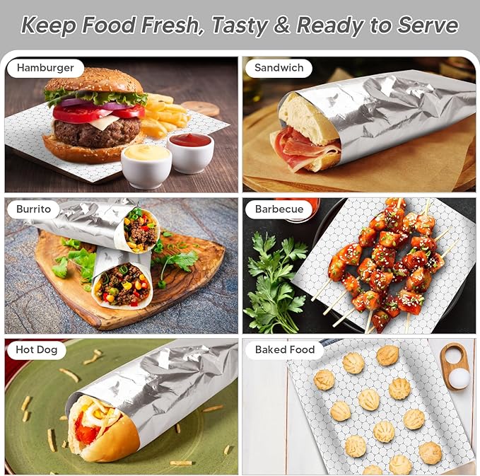 60 Packs Aluminum Foil Sheets for Food, Insulated Foil Sandwich Wrap Sheets 12"x12" Pre-Cut Foil Paper Greaseproof Waterproof Food Wrapping Paper for Sandwiches Burritos Hamburger Hot Dogs BBQ Burger