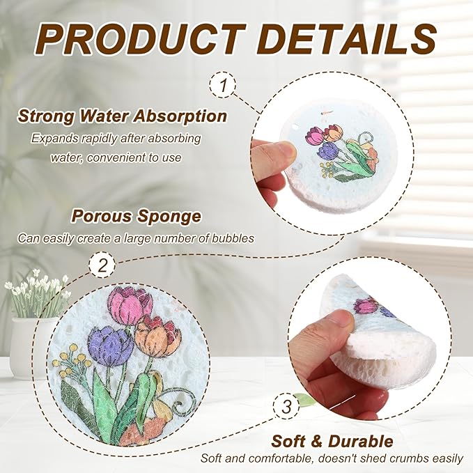 uxcell 6Pcs Cellulose Sponges, Round Kitchen Clean Sponges Non-Scratch Compressed Dish Scrubber with Floral Pattern for Kitchen Household Cookware Bathroom Cleaning & DIY, Light Blue