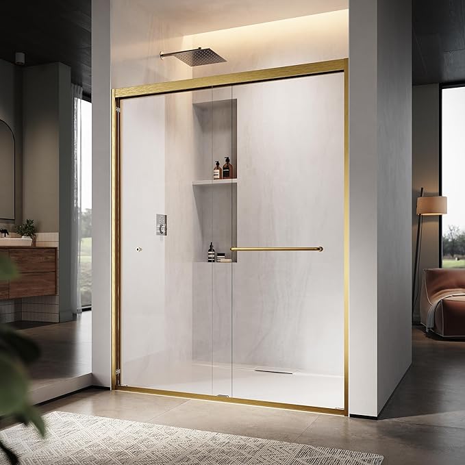 60" W x 76" H Double Sliding Frame Shower Door with 5/16" Clear Tempered Glass,Stainless Steel Roller Brackets,Waterproof Threshold Track,Easy-Cleaning Coating & Towel Bar/Knob, Satin Brass