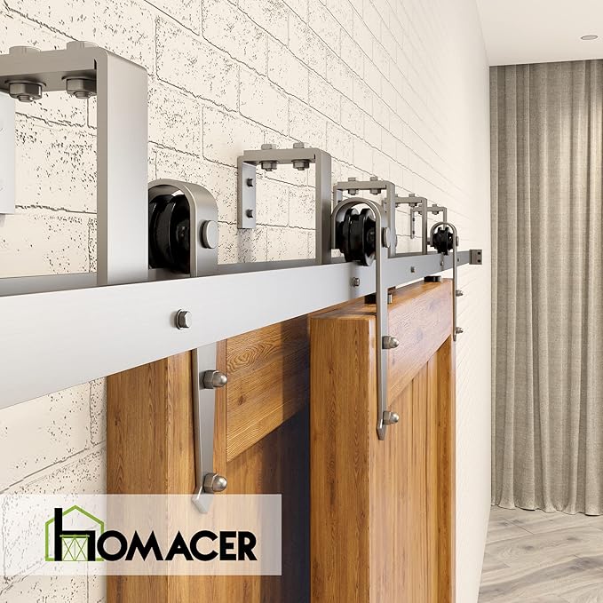 Homacer Brushed Nickel Double Track U-Shape Bypass Sliding Barn Door Hardware Kit, for Two/Double Doors, 10ft Long Flat Track, Arrow Design Roller