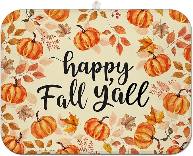 Fall Dish Drying Mat for Kitchen Counter,Autumn Pumpkin Maple Leaf Pattern Microfiber Drying Mat,Washable Absorbent Countertop Harvest Thanksgiving Dish Mat Drain Mat,18x24 Inch