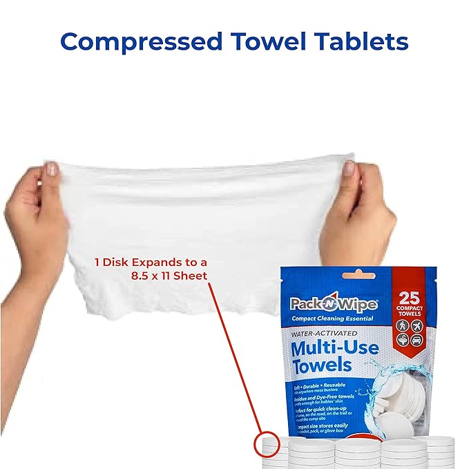 Disposable Compressed Towel Tablets - Absorbent, Durable & Reusable Paper Towels - Great Cleaning Cloths, Camping Towels and Soft, Eco-Friendly Baby Wipes - 8.5”x11” - (25 Towels & 1 Tube)