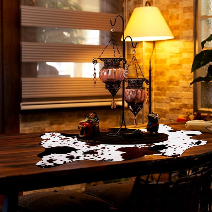 2 Pack Mini Faux Cowhide Rug, Mini Rustic Cowhide Rug Cute Rural Western Animal Pattern Decorative Rugs for Table Mat Decoration, Cowboy Parties, 19.6" W x 23.6" L