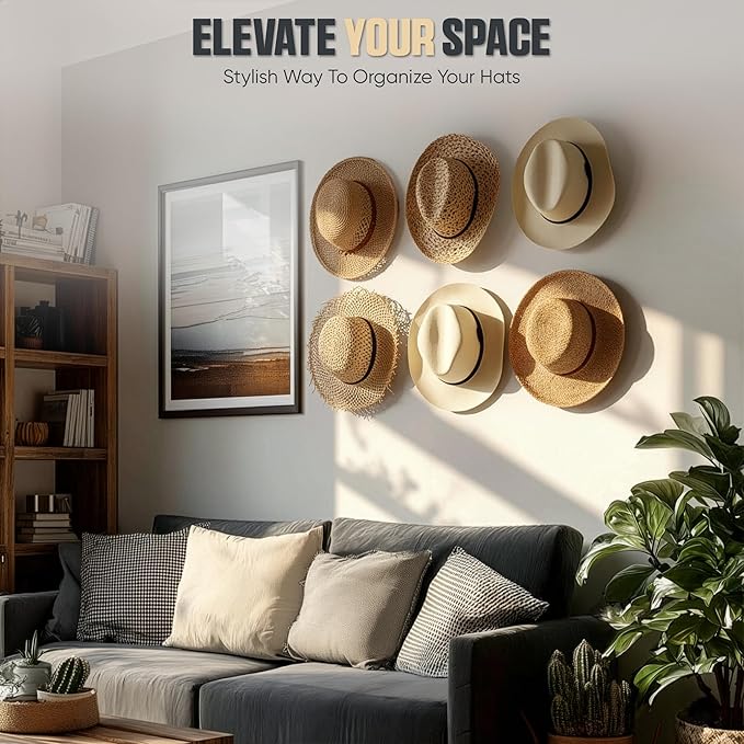 Modern JP Adhesive Hat Hooks for Wall (12-Pack) - Cowboy Hat Rack, Wide Brim Hat Organizer, Strong Hold Hat Hangers for Wall - Black