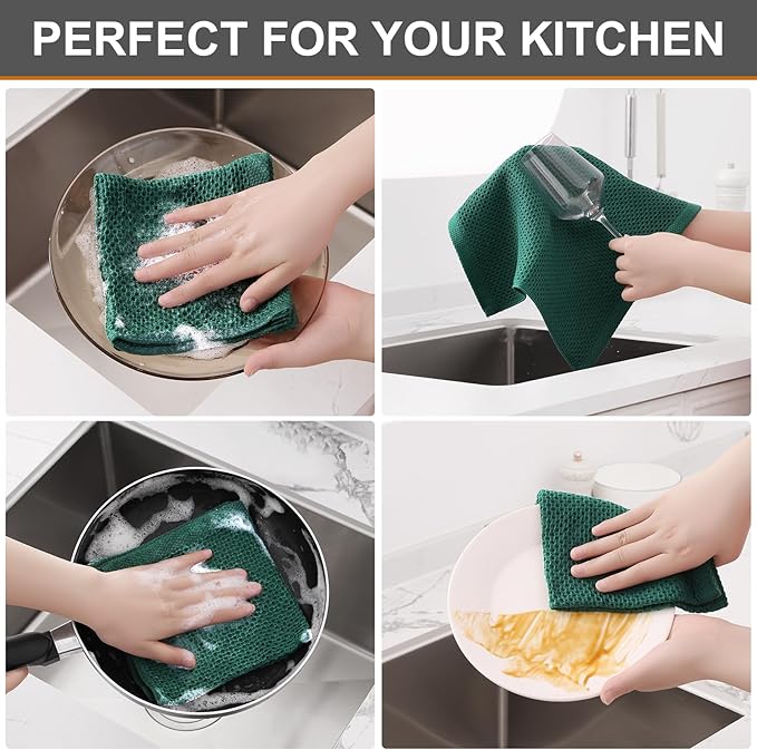 Kitinjoy 100% Cotton Kitchen Dish Cloths (12 X 12 Inches, Dark Green), 6 Pack Waffle Weave Ultra Soft Absorbent Dish Towels for Drying Dishes Quick Drying Kitchen Towels Dish Rags