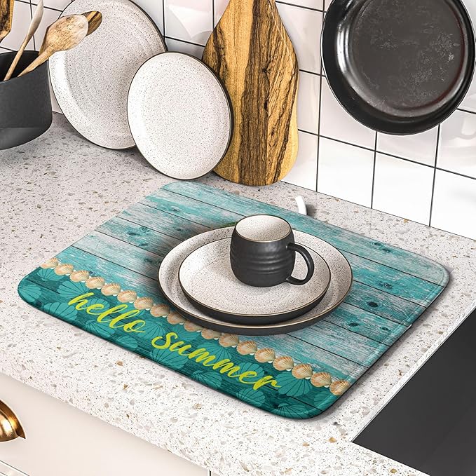 Hello Summer Dish Drying Mat for Kitchen Counter,Sea Shell Starfish Coastal Wreath Drying Mat 16 x 18 Inch with Absorbent Reversible Microfiber Drying Pad for Coffee Bar