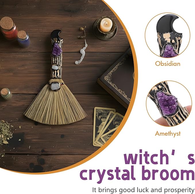 Witch Crystal Altar Broom - Witchcraft Supplies Wiccan Decor Altar Supplies with Moon Black Obsidian Natural Healing Crystals Reiki Energy Emotional Regulation Wealth Attraction Crafts