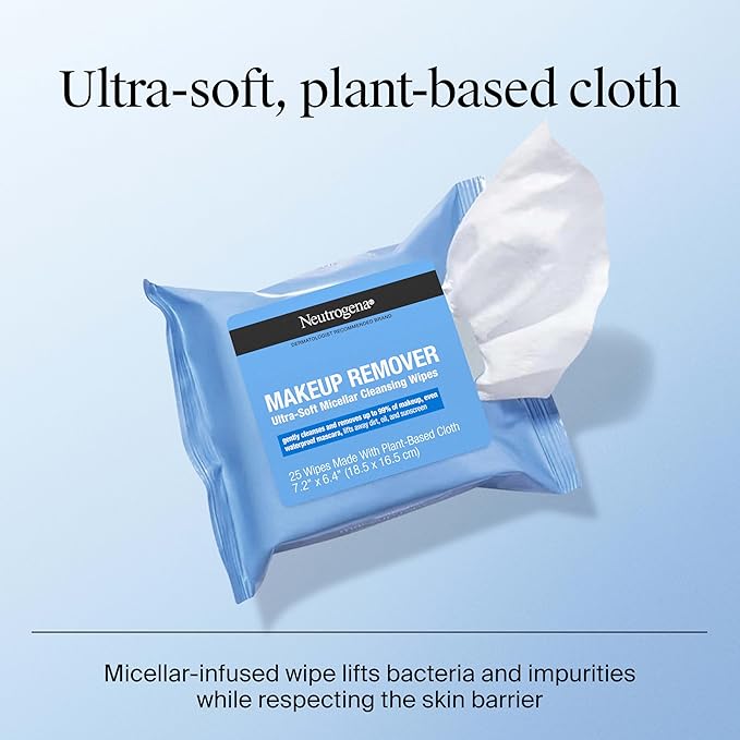 Neutrogena Makeup Remover Wipes, Daily Ultra-Soft Micellar Cleansing Wipes Gently Re-move Oil & Makeup with No Heavy Residue, formulated without alcohol & Made with Plant-Based Cloth, 25 Ct with Case