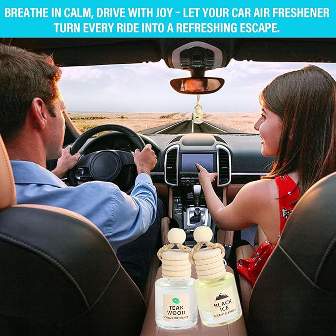 Car Air Freshener Oil Diffuser - Hanging Long Lasting Scent for Car & Home, Essential Oil Freshener with Adjustable Fragrance (Teak Wood+Black Ice)