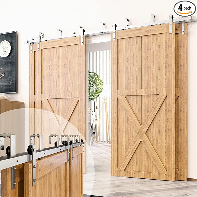 Homacer Brushed Nickel Double Track U-Shape Bypass Sliding Barn Door Hardware Kit, for Four Doors, 20ft Long Flat Track, Straight Design Roller