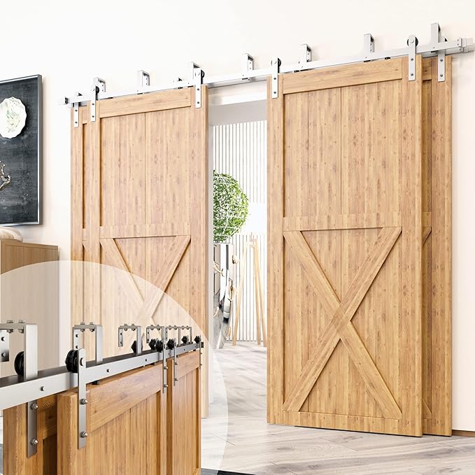 Homacer Brushed Nickel Double Track U-Shape Bypass Sliding Barn Door Hardware Kit, for Four Doors, 7.5ft Long Flat Track, Straight Design Roller