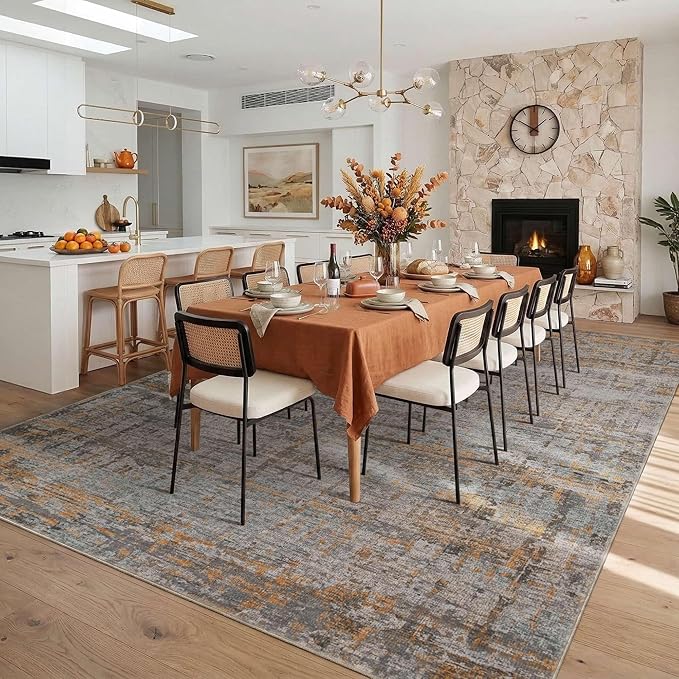 10x14 Extra Large Washable Area Rug, Soft Abstract Vintage Rug for Living Room, Bedroom, Office, Farmhouse, Low Pile Imitation Wool Non Slip Carpet Ideal for High-Traffic Areas, Taupe
