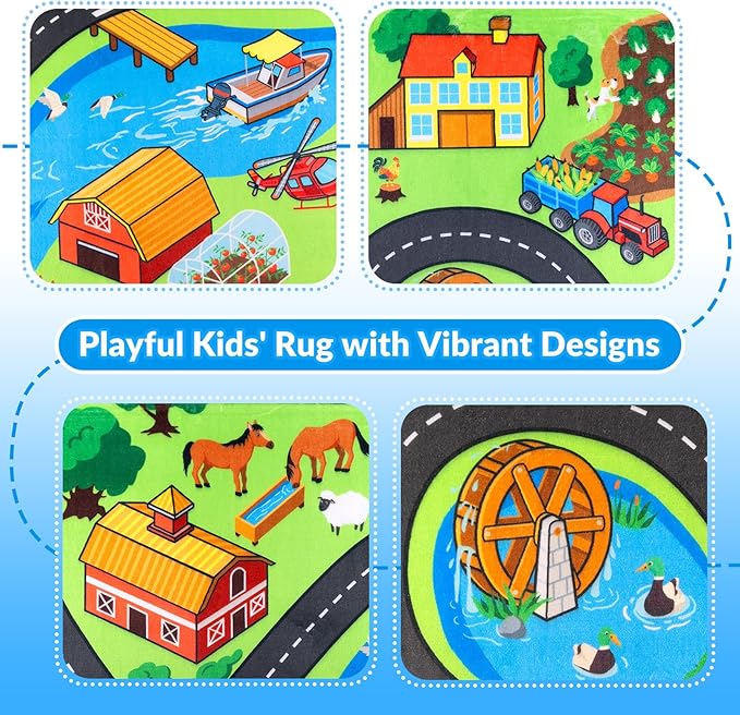Kids Rug, 4x6 Ft City Farm Play Rug for Children, Extra Thick (0.4in) Car Carpet Play Mat with Bright Colors, Soft & Non-Slip Toy Car Mats with Roads for Kids Room, Playroom and Nursery