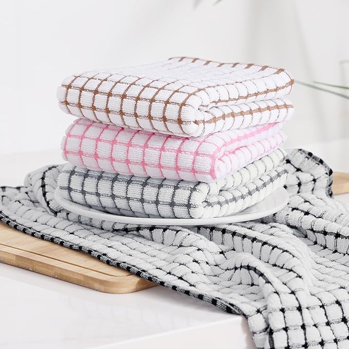 Kitinjoy Cotton 12 Pack Terry Kitchen Towels, 16 x 25 Inches Super Soft and Absorbent Dish Towels, Quick Drying Hand Towels for Kitchen Drying, Brown