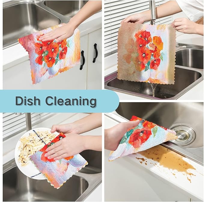 ALAZA Dish Towels - Poppies Flowers Dish Cloths, Super Absorbent, Lint Free, Soft Towel Kitchen Accessories Set of 6, 11"x11"