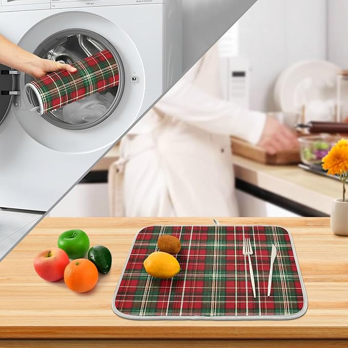 Christmas Red Green Buffalo Checkered Dish Drying Mat for Kitchen Counter Absorbent Microfiber Large Drying Pad Dish Mats for Kitchen Countertops 18 x 24 Inch