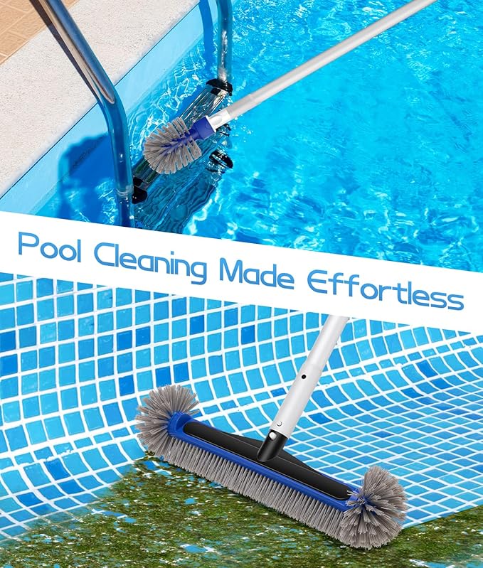 16.7'' Swimming Pool Brush Head with Round Ends, EZ Clip Aluminum Handle, Heavy Duty Pool Brushes for Clean Swimming Pools Faster, Extra Corner Brush Head for Clean Pool Steps & Corners