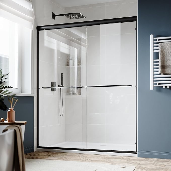 SUNNY SHOWER Double Sliding Glass Door 60" W x 72" H Shower Door 1/4" Tempered Glass Sliding Door Semi-Frameless Shower Glass Enclosure Bypass Walk in Shower Cabin, Matte Black
