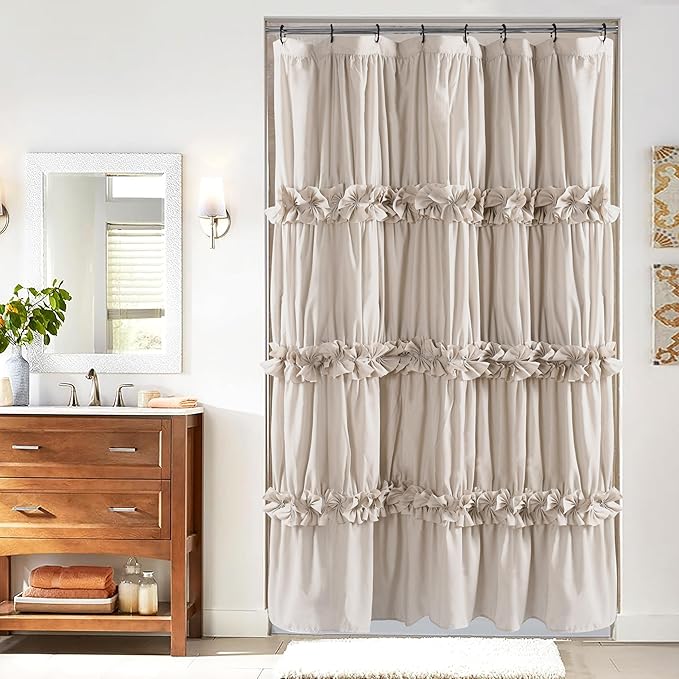Camel Ruffle Stall Shower Curtain, Vintage Handcrafted Bow Tie Bath Curtain for Master Bathroom, Ruched Microfiber Bathroom Curtain with 8 Buttonholes, 48" W x 72" H (LQ-10)