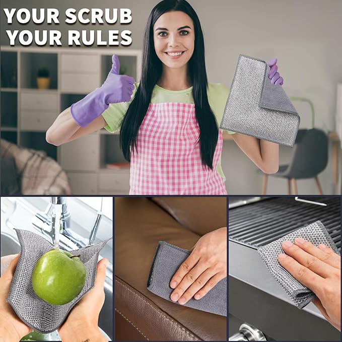 5 Pack Dual-Sided Metal Wire Dishcloth, Reusable Non-Scratch Cleaning Pads with Fabric Side for Nonstick Cookware, Pots, Pans & Kitchen Cleaning