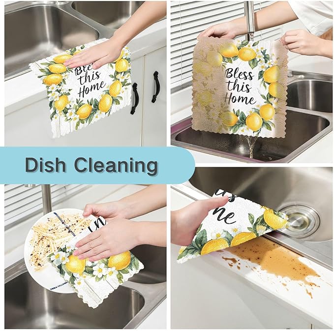 ALAZA Kitchen Towels Summer Lemon Wreath Dish Towels Multipurpose Reusable Dish Cloths Soft Cleaning Cloth Kitchen Accessories Set of 6,11"x11"