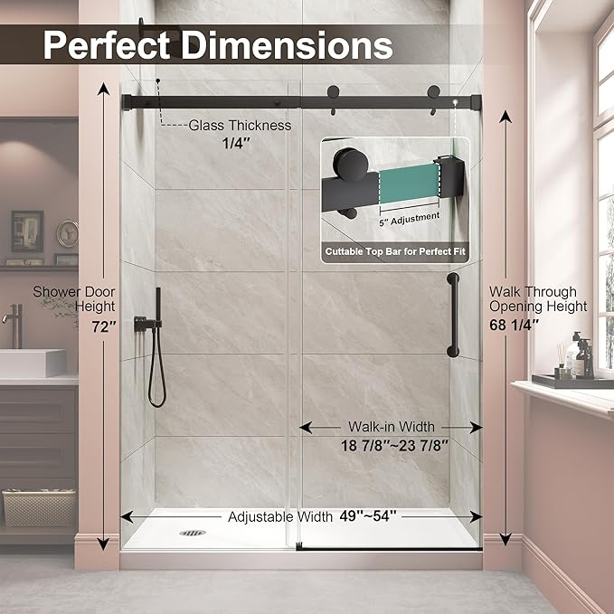 Frameless Shower Door,Single Sliding Glass Shower Door with Nano Coating & Safety Film, Adjustable 49"-54" W x 72" H, Matte Black,1/4" (6mm) SGCC Tempered Glass