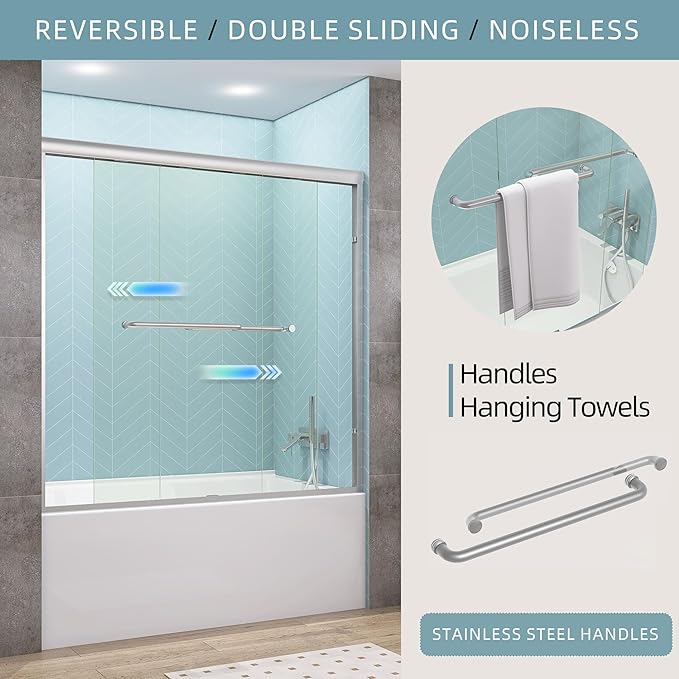 GETPRO Bathtub Sliding Door 50-54 in. W x 58 in. H Semi-Frameless Bypass Double Sliding Tub Shower Door for Bathroom,1/4 inch Clear Tempered Glass Bathtub Door Brushed Nickel