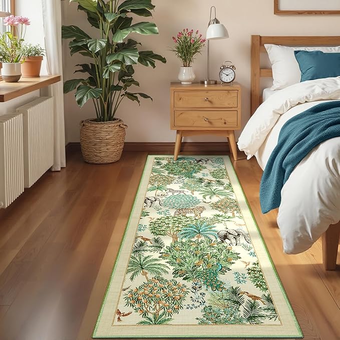 GarveeHome Jungle Rug 2x6 Kitchen Runner Rug Non Slip Washable Runners for Hallways, Animal Print Runner Rugs with Rubber Backing Soft Low-Pile Forest Long Carpet for Bedroom Entryway Laundry, Beige
