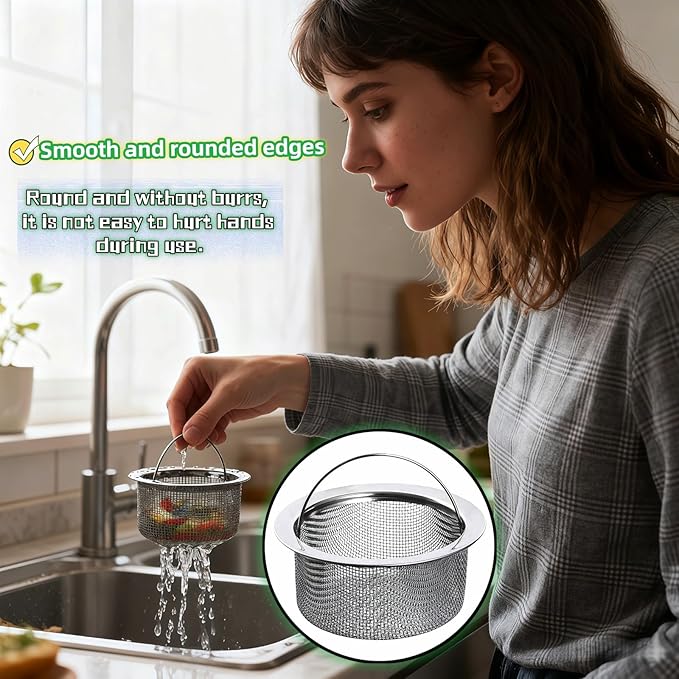 Stainless Steel Kitchen Sink Strainer - Deep Cup Basket Design, 2-Pack, Upgraded Double-Layer Safety, Large Food Catcher, Fits Most Standard Drains (3.14"-3.34" Inner Dia), Rustproof, Easy to Clean