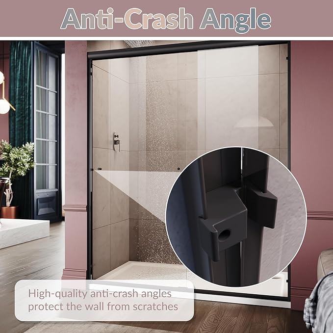 ELEGANT Shower Door 48" W x 72" H, Semi-Frameless Bypass Sliding Shower Doors, 1/4" Clear Glass, Black Finish