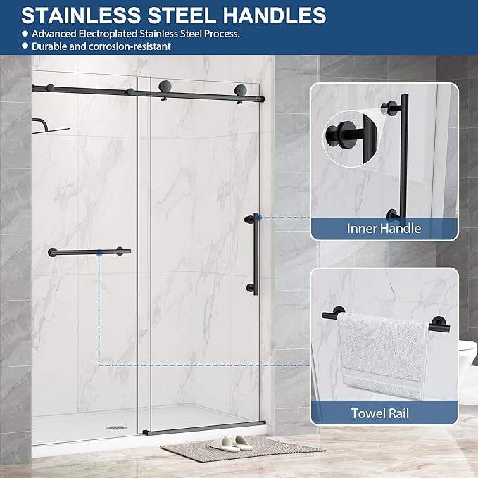 Frameless Shower Door,5/16" (8mm) Glass Sliding Shower Door with Soft-Close & Anti-Leak,Nano Coating Anti-Explosion Film SGCC Tempered Glass 49"-54" X 76"H,Matte Black