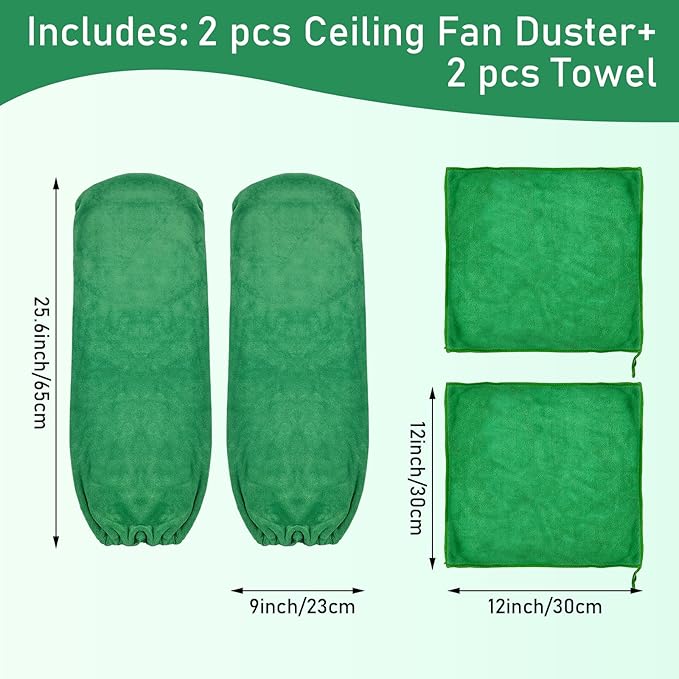 4 PCS Ceiling Fan Duster Kits,100% Microfibre Fan Blade Cleaner for high Ceiling Fan Blades.Machine Washable and Reusable,Includes 2 Ceiling Fan dusters and 2 Microfibre Towels