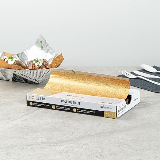 Restaurantware-Foil Lux 10.8 x 9 Inch Pop-Up Sheets, 2000 Disposable Papers For Food - Orange Peel Embossing, Interfolded, Gold Aluminum Foil Sheets, Greaseproof, Freezable And Oven Ready