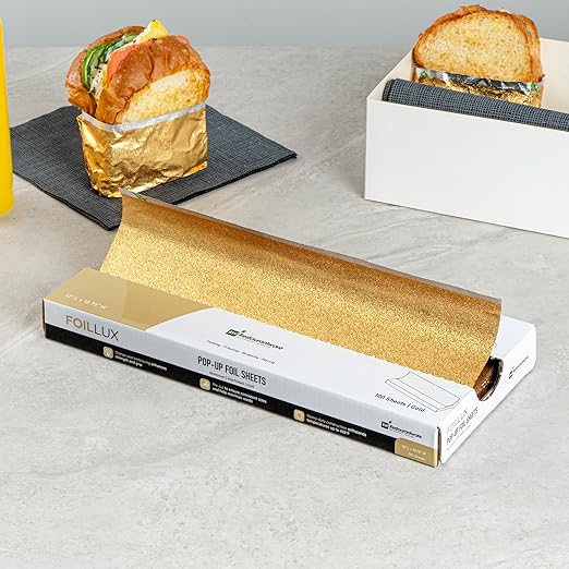 Restaurantware-Foil Lux 12 x 10.8 Inch Pop-Up Foil Sheets, 100 Disposable Foils Papers For Food - Orange Peel Embossing, Interfolded, Gold Aluminum Foils Sheets, Greaseproof, Freezable, Oven Ready