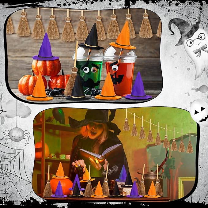 48 Pcs Mini Witch Hats and Broom for Crafts Halloween Wizard Accessories for Party Favors Decor (Black Purple Orange,1.97 Inches)