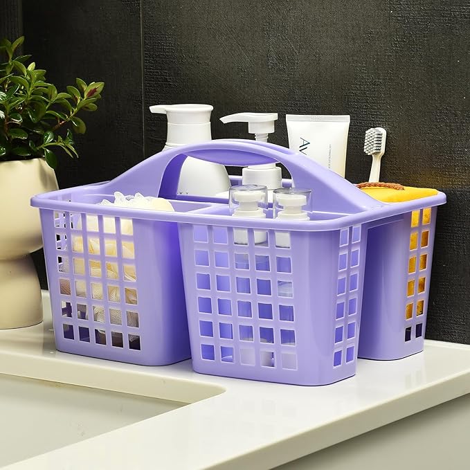 ALINK Plastic Shower Caddy Basket with Compartments, Portable Divided Cleaning Supply Storage Organizer with Handle for College Dorm Bathroom - Purple
