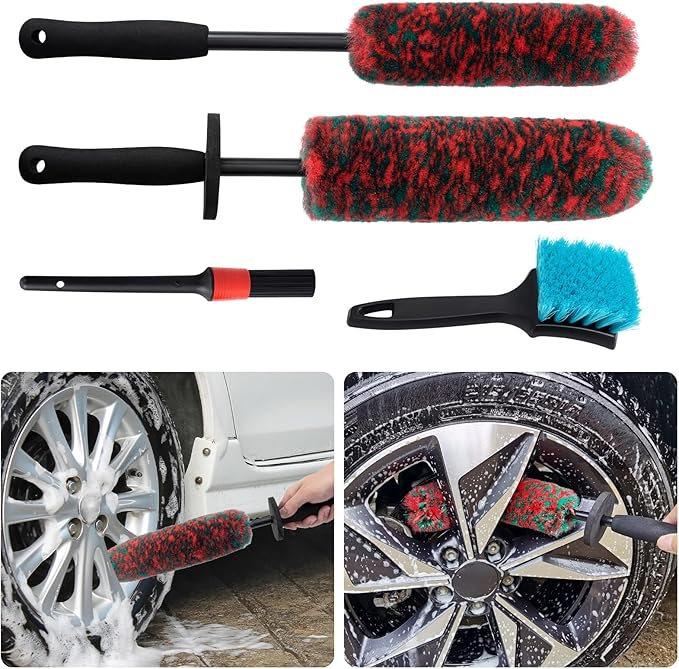 4 Pack Car Wheel and Tire Cleaner Brushes Kit Auto Motorcycle Rim Hub Ultra Soft Microfiber No Spatter Bendable Woolies Bristle Cleaning Set